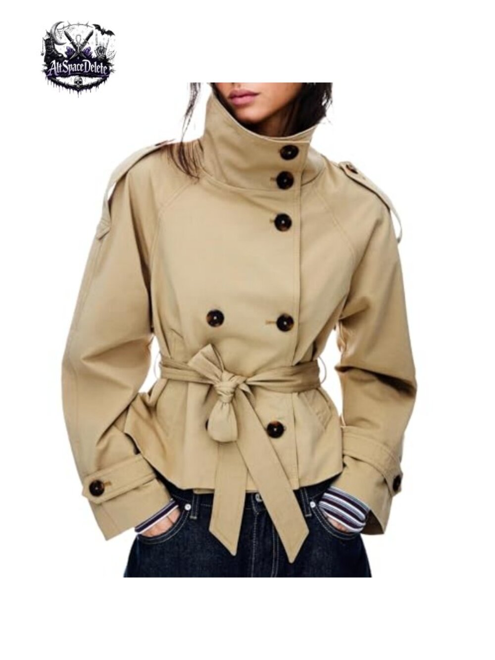 Women's Cropped Trench Coat Double Breasted Belted Fall Jacket